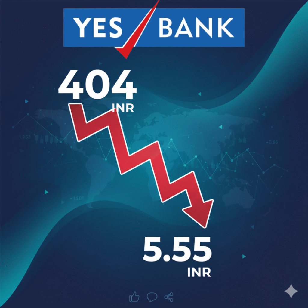 യെസ് ബാങ്ക് ഓഹരി വില 404 രൂപയിൽ നിന്ന് 5.55 രൂപയിലേക്ക് തകർന്നുവീഴുന്നതിൻ്റെ ഗ്രാഫിക് ചിത്രം. (Graphic image of the Yes Bank stock price crashing from 404 rupees to 5.55 rupees.)